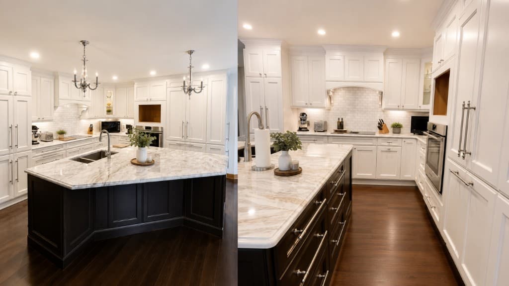 Montreal kitchen renovation — before and after with marble island